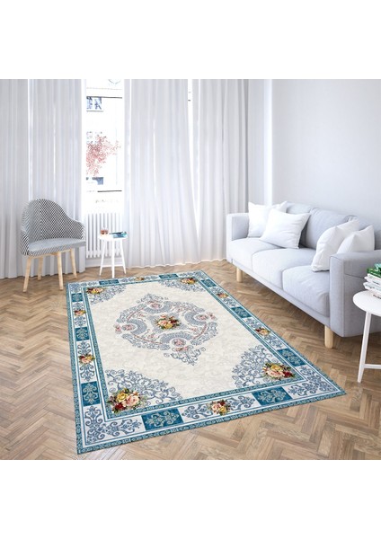 Çiçek Desenli Dijital Baskı Yıkanabilir Kaymaz Taban Leke Tutmaz Vintage Salon Halısı (Mavi) fiyatları