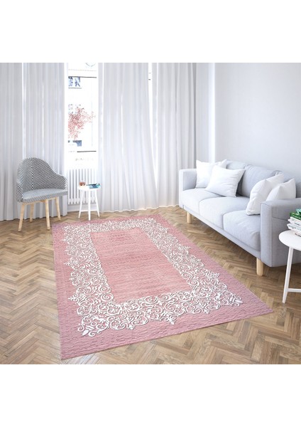 Motif Çerçeve Desenli Dijital Baskı Yıkanabilir Kaymaz Taban Klasik Düz Salon Halı ve Yolluk (Pembe) fiyatları