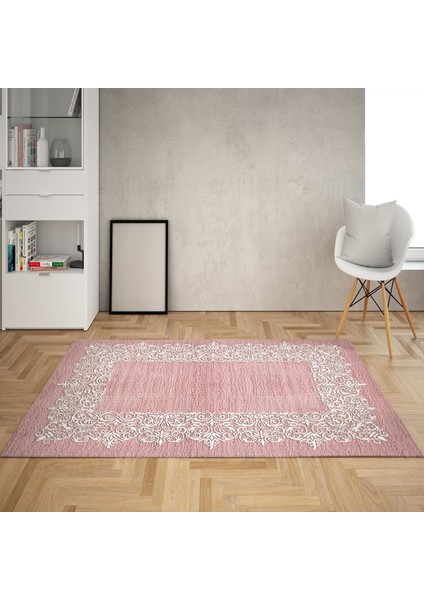 Motif Çerçeve Desenli Dijital Baskı Yıkanabilir Kaymaz Taban Klasik Düz Salon Halı ve Yolluk (Pembe)
