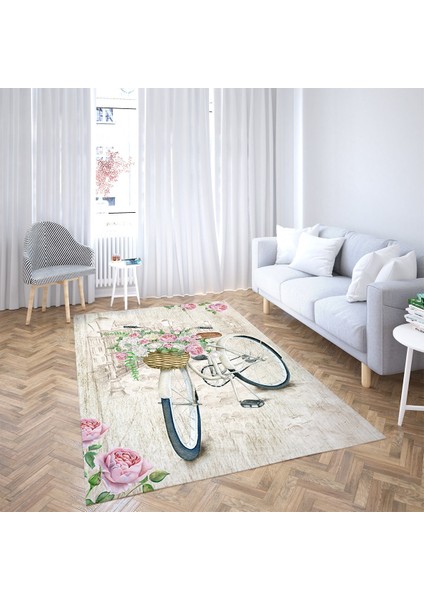 Bisiklet Çiçek Desenli Çerçeveli Dijital Baskı Yıkanabilir Kaymaz Taban Vintage Salon Halısı fiyatları