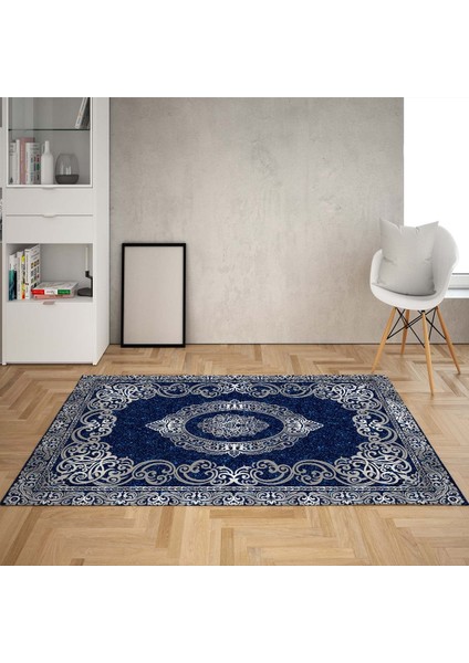 Osmanlı Motifler Desenli Dijital Baskı Yıkanabilir Kaymaz Taban Klasik Salon Halı ve Yolluk (Mavi)