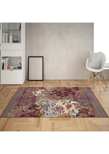 Osmanlı Motifler Desenli Etnik Dijital Baskı Yıkanabilir Kaymaz Taban Eskitme Salon Halı ve Yolluk