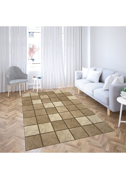 Kare Blok Desenli Dijital Baskı Yıkanabilir Kaymaz Taban Modern Salon Halı ve Yolluk (Kahve) fiyatları