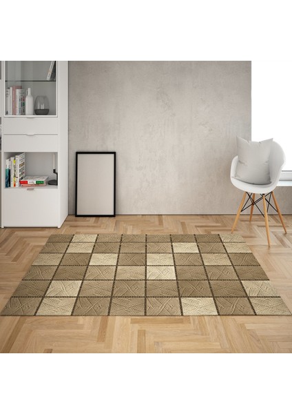 Kare Blok Desenli Dijital Baskı Yıkanabilir Kaymaz Taban Modern Salon Halı ve Yolluk (Kahve)