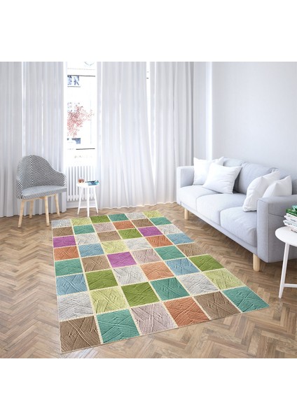 Kare Blok Desenli Dijital Baskı Yıkanabilir Kaymaz Taban Modern Salon Halı ve Yolluk (Renkli)