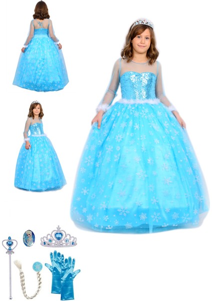 Butikhappykids Frozen Elsa Kostümü Uzun Kollu Kasnaklı 6 Lı Set