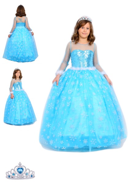 Butikhappykids Frozen Elsa Kostümü Uzun Kollu Kasnaklı Elbise Taç