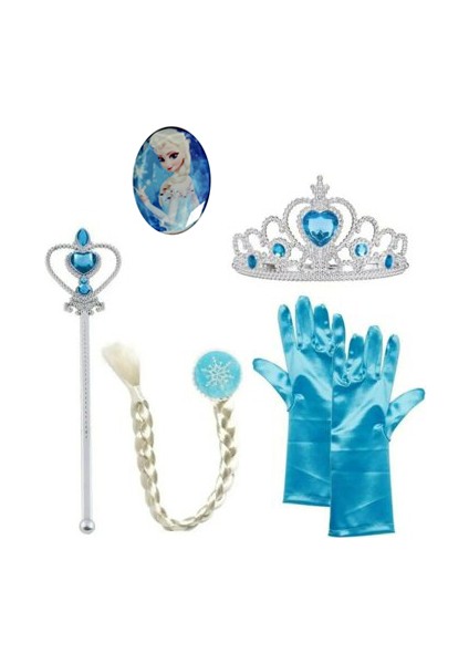 Butikhappykids Frozen Elsa Taç Seti (Taç+Asa+Saç+Eldiven+Rozet) 5 Li Set