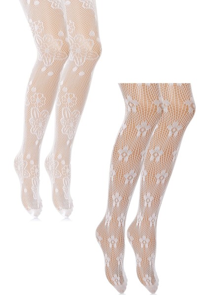 2li Çiçek Desenli Beyaz Dantel File Çocuk Külotlu Çorap 5-8 Yaş