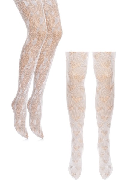 2li Kalp ve Fiyonkdesenli Beyaz Dantel File Çocuk Külotlu Çorap 9-12 Yaş