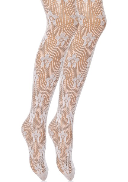 Minik Çiçek Desenli Beyaz Dantel File Çocuk Külotlu Çorap 5-8 Yaş