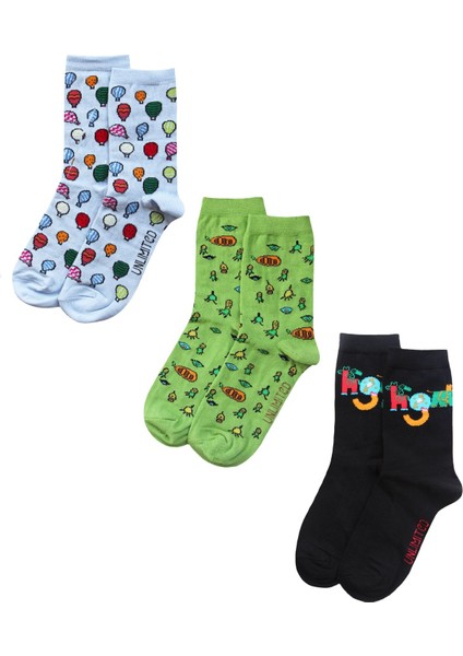 Hayal Gücü Merkezi Derneği Çocukarın Çizimlerinden 3lü Mavi Yeşil Siyah Kadın Soket Çorap Seti