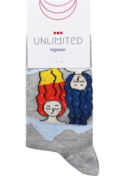 Unlimited Legwear Hayal Gücü Merkezi Derneği Çocukarın Çizimlerinden Kızlar ve Saçlar Gri Kadın Çorabı