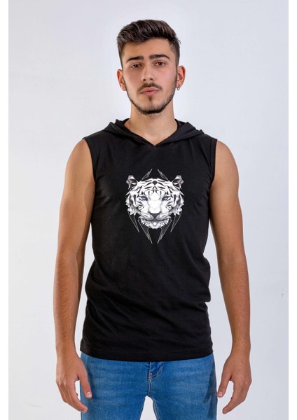 Unisex Ön Baskılı Kapşonlu Kolsuz Siyah T-Shirt