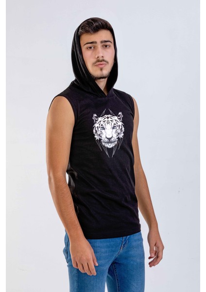 Unisex Ön Baskılı Kapşonlu Kolsuz Siyah T-Shirt fiyatları