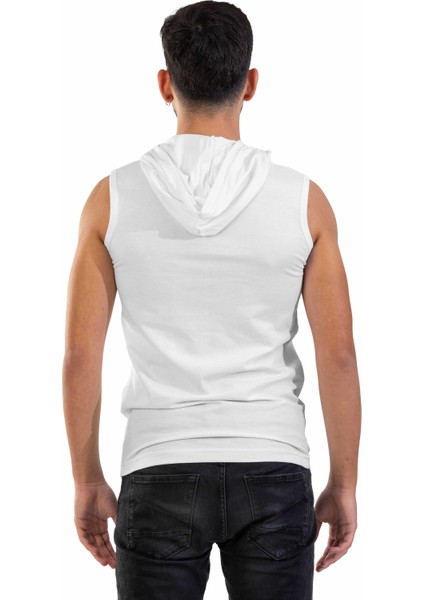Unisex Ön Baskılı Kapşonlu Kolsuz Beyaz T-Shirt modelleri