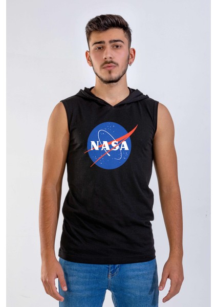 Unisex Ön Baskılı Kapşonlu Kolsuz Siyah T-Shirt