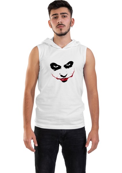 Unisex Ön Baskılı Kapşonlu Kolsuz Beyaz T-Shirt