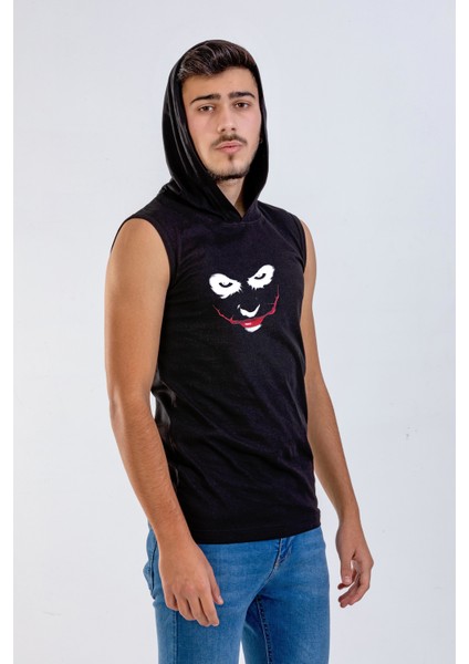 Unisex Ön Baskılı Kapşonlu Kolsuz Siyah T-Shirt fiyatları