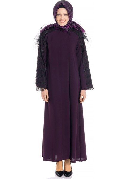Gizli Fermuarlı Dantelli Mor Ferace 722