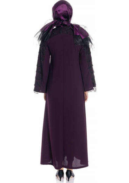 Gizli Fermuarlı Dantelli Mor Ferace 722