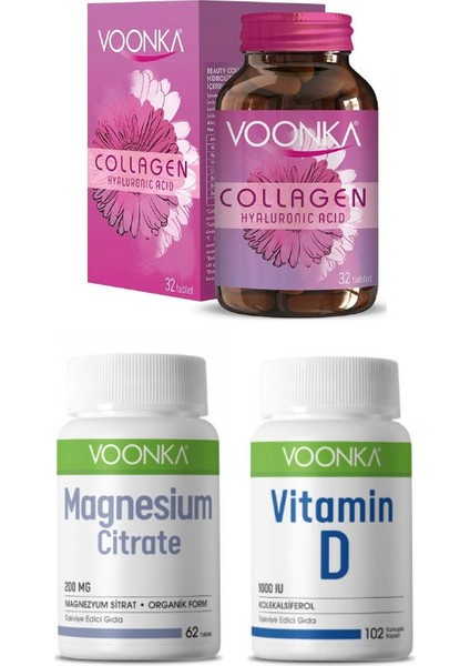 Collagen Hyaluronic Acid 32 Tablet + D Vitamini 102 Kapsül + Magnezyum Sitrat 62 Tablet