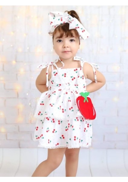 Kız Çocuk Cherry Kirazlı Beyaz Elbise