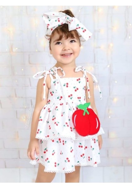 Kız Çocuk Cherry Kirazlı Beyaz Elbise