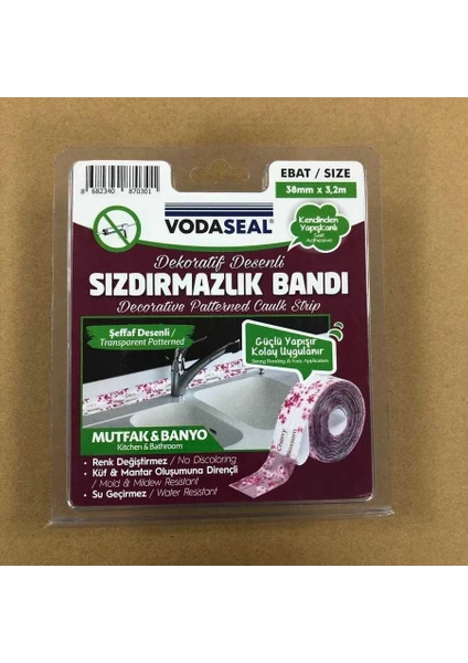 Vodaseal Pembe Desenli Dekoratif Küvet Kenar Sızdırmazlık Bandı 38 mm x 3.20 mt - Şeffaf 8682340870301