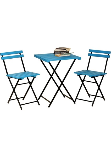 Sadeceonda Mavi Ahşap Katlanır Kamp-Piknik Masa Takımı