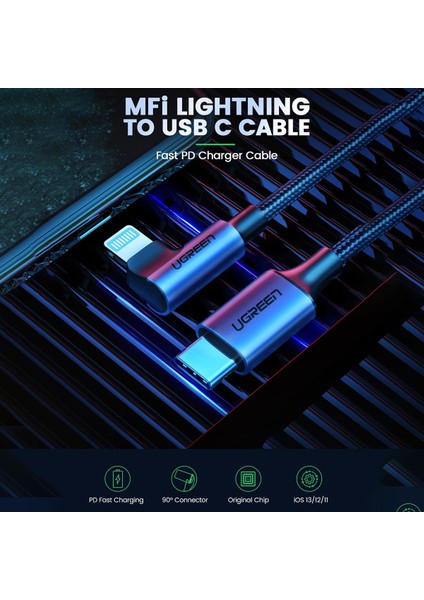 90 Derece 3A Type-C To Lightning iPhone Uyumlu Data ve Şarj Kablosu 1.5 Metre