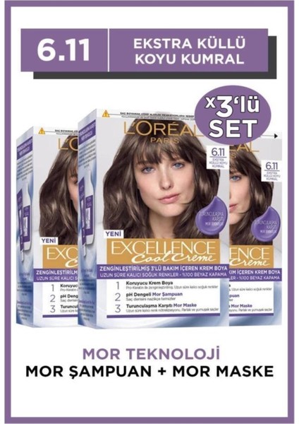Loreal Paris Excellence Cool Creme Saç Boyası 6.11 X3'lü Set