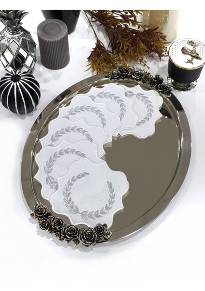 Çelenk Desen Gümüş Nakışlı Bardak Altlığı 15 x 15 cm