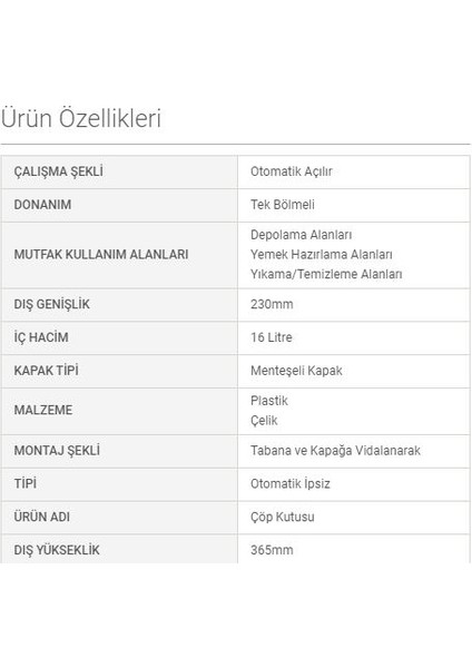 Kapağa Bağlanan Bravo Otomatik Çöp Kovası -  Çelik 16 Lt