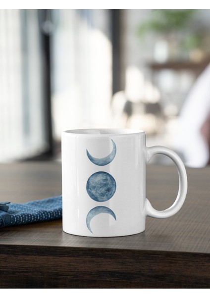 Kio Tasarım Ay Dolunay Yarımay Mavi Renkli Baskılı Kahve Çay Kupası Kupa Beyaz Porselen Mug Sevgililer-İş Arkadaşı-Doğum-Günü Hediyesi Hediye