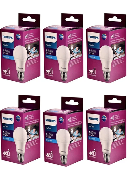 Mycare LED Lamba 8W - 60W E27 6500K Beyaz Işık (6 Lı Paket)