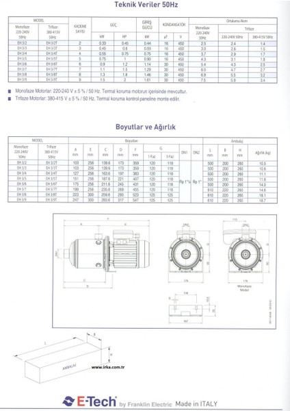 E-Tech Eh 3/5 1 Hp Yatay Çok Kademeli Pompa