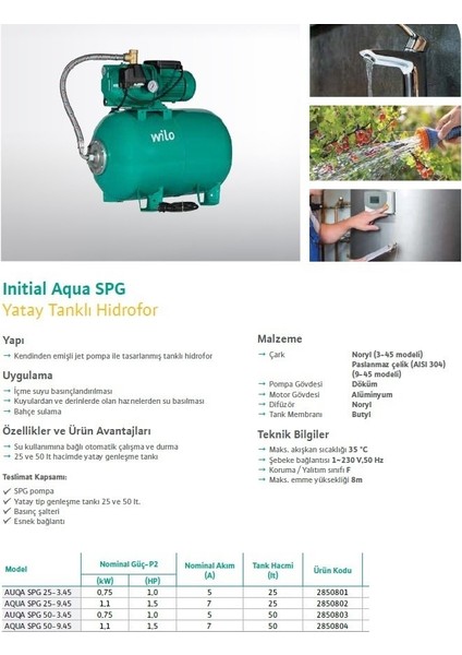 Aqua Spg 50-9.45 Hidrofor 50 Litre Tanklı / 4 Kat - 10 Daire- 1,5 Hp
