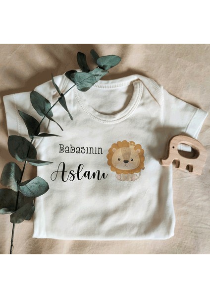 Unisex Babasının Aslanı Yazılı Kısa Kol Organik Bebek Body Zıbın