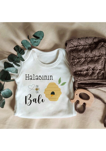 Unisex Halasının Balı Yazılı Kısa Kol Organik Bebek Body Zıbın