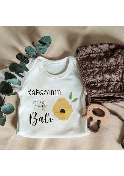 Unisex Babasının Balı Yazılı Kısa Kol Organik Bebek Body Zıbın