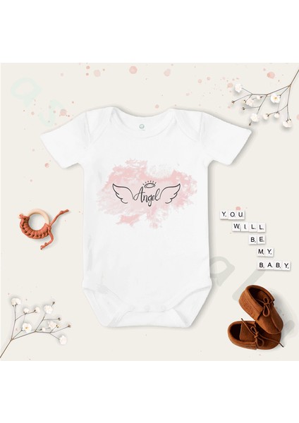 Unisex Angel Desenli Kısa Kol Organik Bebek Body Zıbın