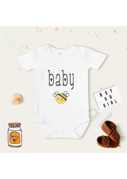 Unisex Baby Bee Desenli Organik Kısa Kol Bebek Body Zıbın