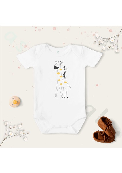 Unisex Giraffe (Yazılı) Desenli Organik Bebek Body Zıbın