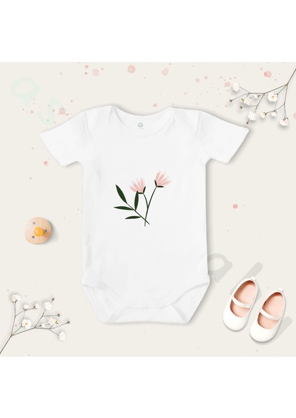 Unisex Pembe Çiçek 2 Desenli Organik Bebek Body Zıbın