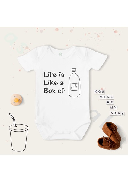 Unisex Life Is Like A Box Of Milk Desenli Organik Bebek Body Zıbın