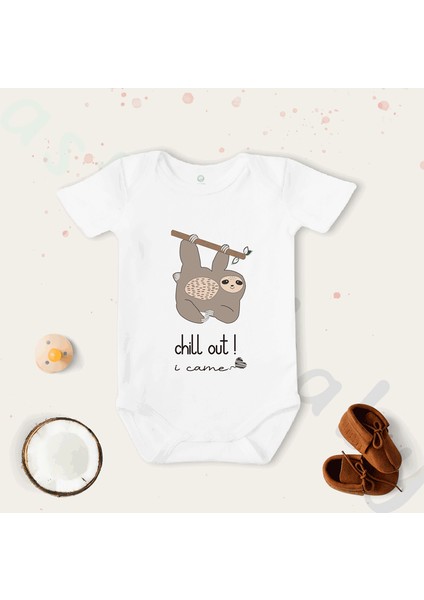 Unisex Chill Out Koyu Kahverengi Desenli Organik Bebek Body Zıbın
