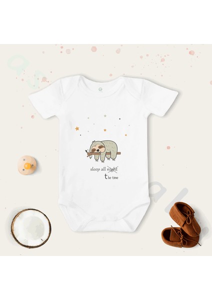 Unisex Yeşil Tembel Hayvan Desenli Organik Bebek Body Zıbın