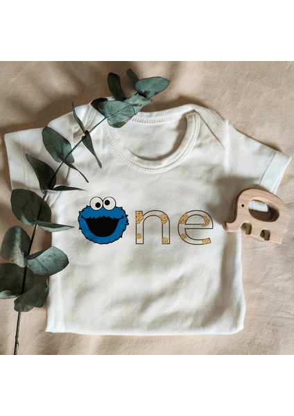 Unisex Kurabiye Canavarı One Yazılı Kısa Kol Organik Bebek Body Zıbın
