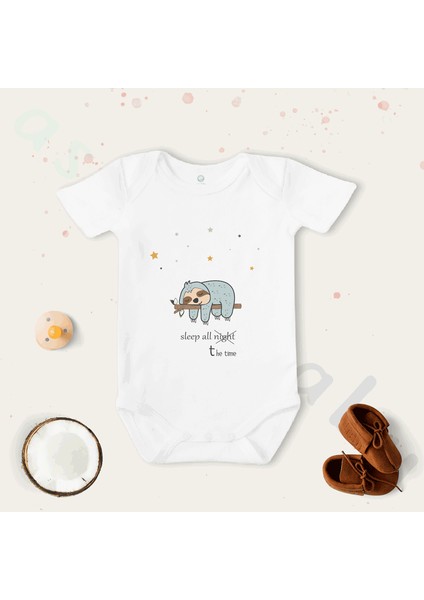 Unisex Mavi Tembel Hayvan Desenli Organik Bebek Body Zıbın